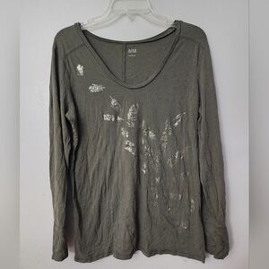 A.N.A Green Gold Feather Long Sleeve Shirt Large